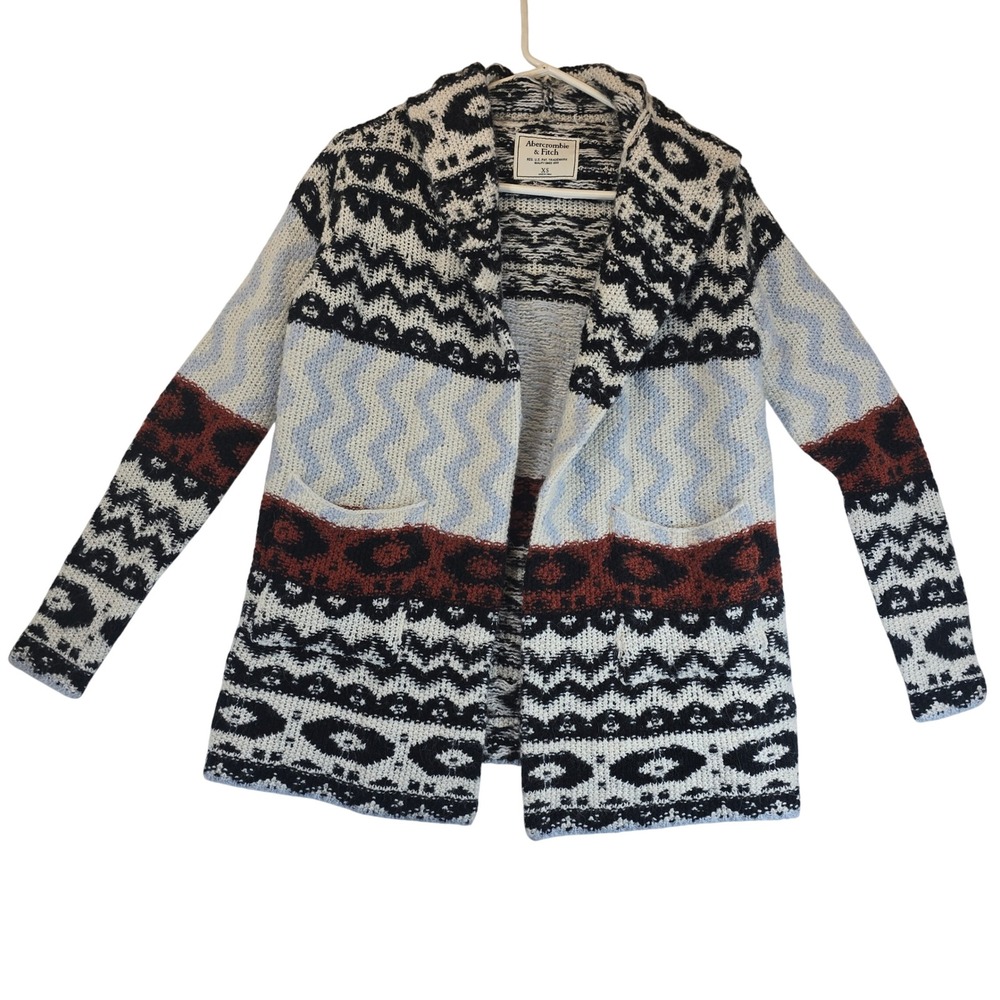 Abercrombie Hooded Open Cardigan Sweater Womens XS Fair Isle Nordic Wool Alpaca